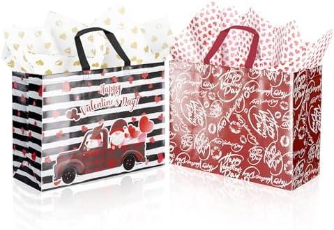 XiaosRen 2Pcs Extra Large Valentines Gift Bags with Tissue Paper and Card, 15.7" Valentine's Day Gift Bags Reusable Non-Woven Love Heart Valentines Bags with Handles (Red, Black)