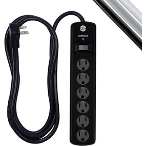 GE 6-Outlet Surge Protector, 8 Ft Extension Cord, Power Strip, 1300 Joules, Flat Plug, Twist-to-Close Safety Covers, Protected Indicator Light, ETL Listed, Black, 33662