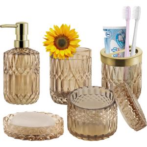 Brown Bathroom Accessories Set,5PCS Amber Glass Toothbrush Holder Set,Bathroom Soap Dispenser Set,Cotton Swab Jar,Soap Dish,Housewarming Décor Gift