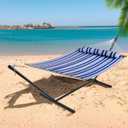 SUPERJARE Hammock with Stand, 2 Person Quilted Outdoor Hammock, Detachable Pillow & Bamboo Spreaders, Portable Hammock with Carrying Bag, Heavy Duty Stand, Perfect for Outside, Navy Blue Stripe