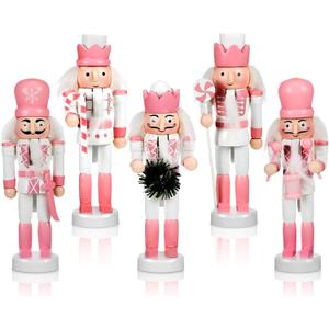 Amyhill 5 Pcs Christmas Nutcracker Ornaments Pink Wooden Nutcracker Hanging Decorations 5 Inch Soldier Nutcracker Figures Christmas Table Decoration Gift for Christmas Tree Holiday Party