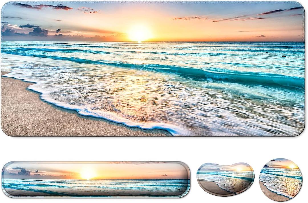 Keyboard Wrist Rest + Mouse Pad with Wrist Support + Desk Mat + Coaster 4 in 1 Set, XXL Large Gaming Mousepad Cute Ergonomic Mouse Pads for Desk Computer Laptop Office Decor-Beach