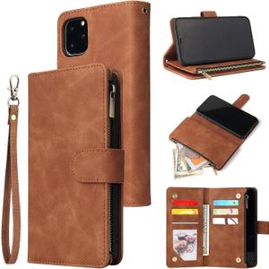 UEEBAI Wallet Case for iPhone 11, PU Leather Wallet Magnetic Closure Handbag Zipper Pocket Cover Kickstand Card Slots with Hand Strap Marple Flip Case for Women - Brown