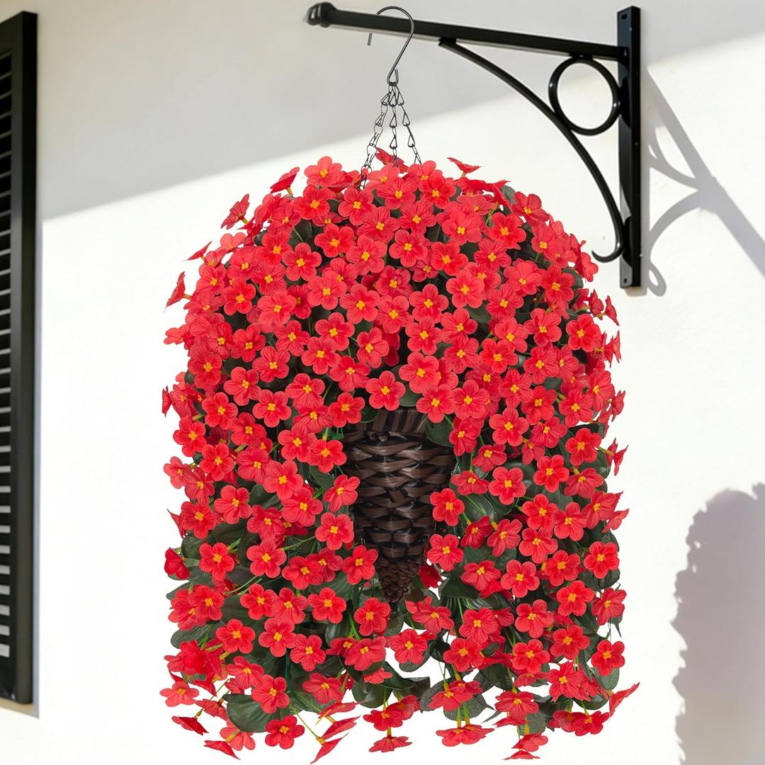 Artificial Hanging Flowers with Baskets for Decor, Fake Silk Red Hanging Daisy Orchid Flowers Plants, Faux Flower Centerpieces for Home Indoor Outdoor Garden Patio