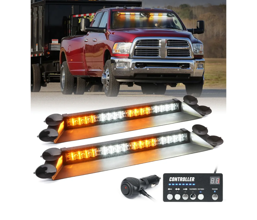 LUMENIX LED Emergency Dash Strobe Lights Bar w/Controller Windshield Visor Safety Warning Traffic Caution Lightbar Deck Split Flashing Light for Construction Vehicles Work Trucks Pickup - White Amber