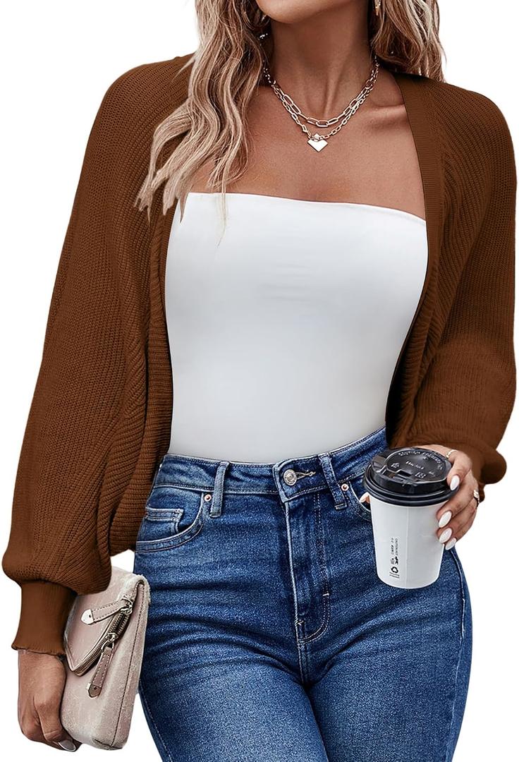 HOTOUCH Women's Cardigan Shrugs Long Batwing Sleeve Knitted Cropped Bolero Open Front Casual Elegant Cardigans for Dresses, Medium