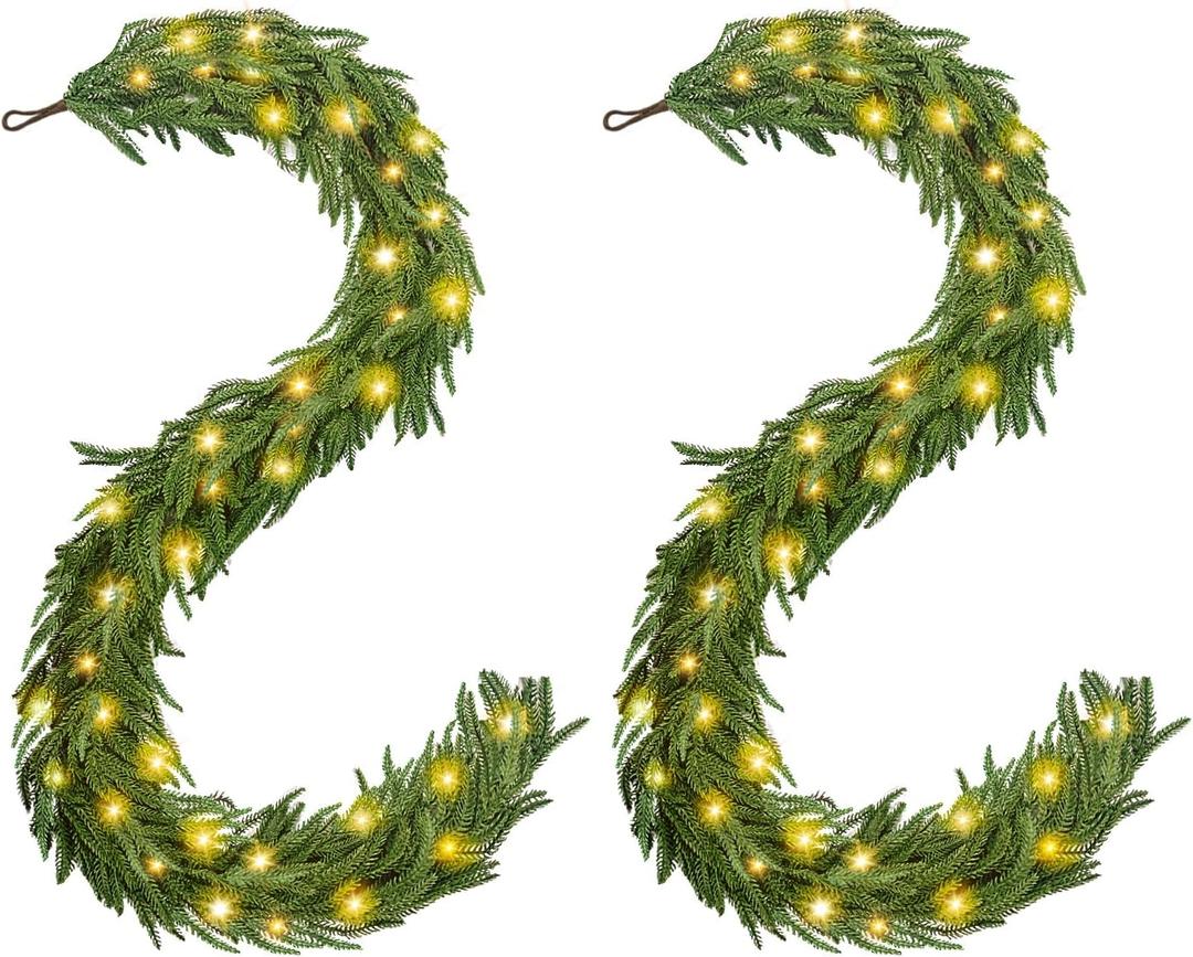 Norfolk Pine Garlands with Light Pre-Lit Christmas Garland,Dense Norfolk Pine Real Touch Garlandfor Table, Mantle, Staires, Wall, Premium Indoor/Outdoor Christmas Decorations (2, 6ft)