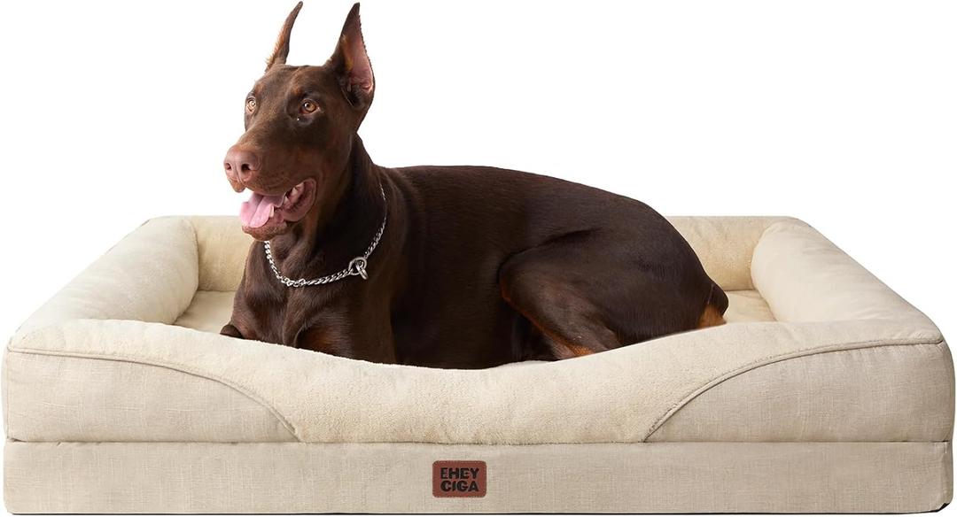 2 x EHEYCIGA Orthopedic XL Dog Bed for Large Sized Dog, 48x35x7.5 Inch Extra Large Memory Foam Dog Couch Bed with Sides, Waterproof Liner & Washable Removable Cover, Bolster Pet Sofa, Beige