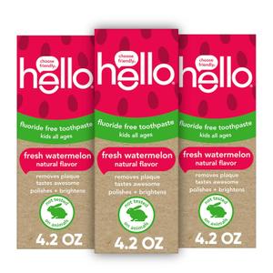 Hello Natural Watermelon Flavor Baby & Kids Fluoride Free Toothpaste, Vegan, SLS Free, Gluten Free, Safe to Swallow for Baby and Toddlers, 4.2 Ounce (Pack of 3)