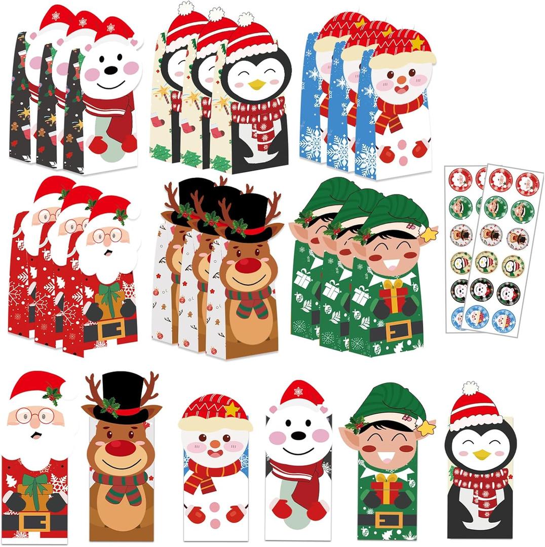 Lollutdotu Christmas Treat Bags 24Pcs Goodie Bags for Kids with 24 Stickers Bags for Gift Goodie Bags for Classrooms, Kraft Holiday Goody, Party Favors, Office