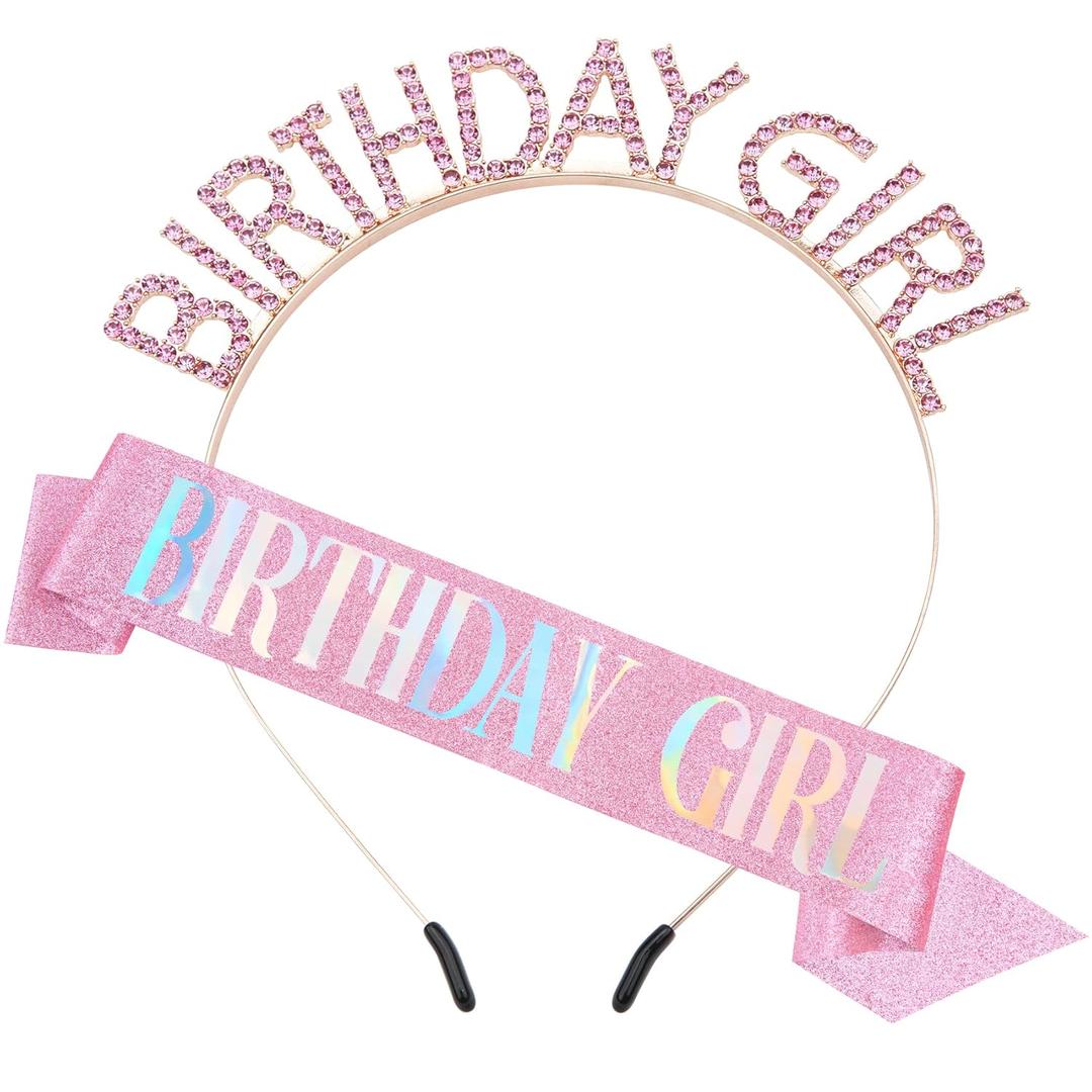 2 x PQRUU Glitter Birthday Sash, Tiara and Rhinestone Headband Set - Pink Birthday Accessories for Her