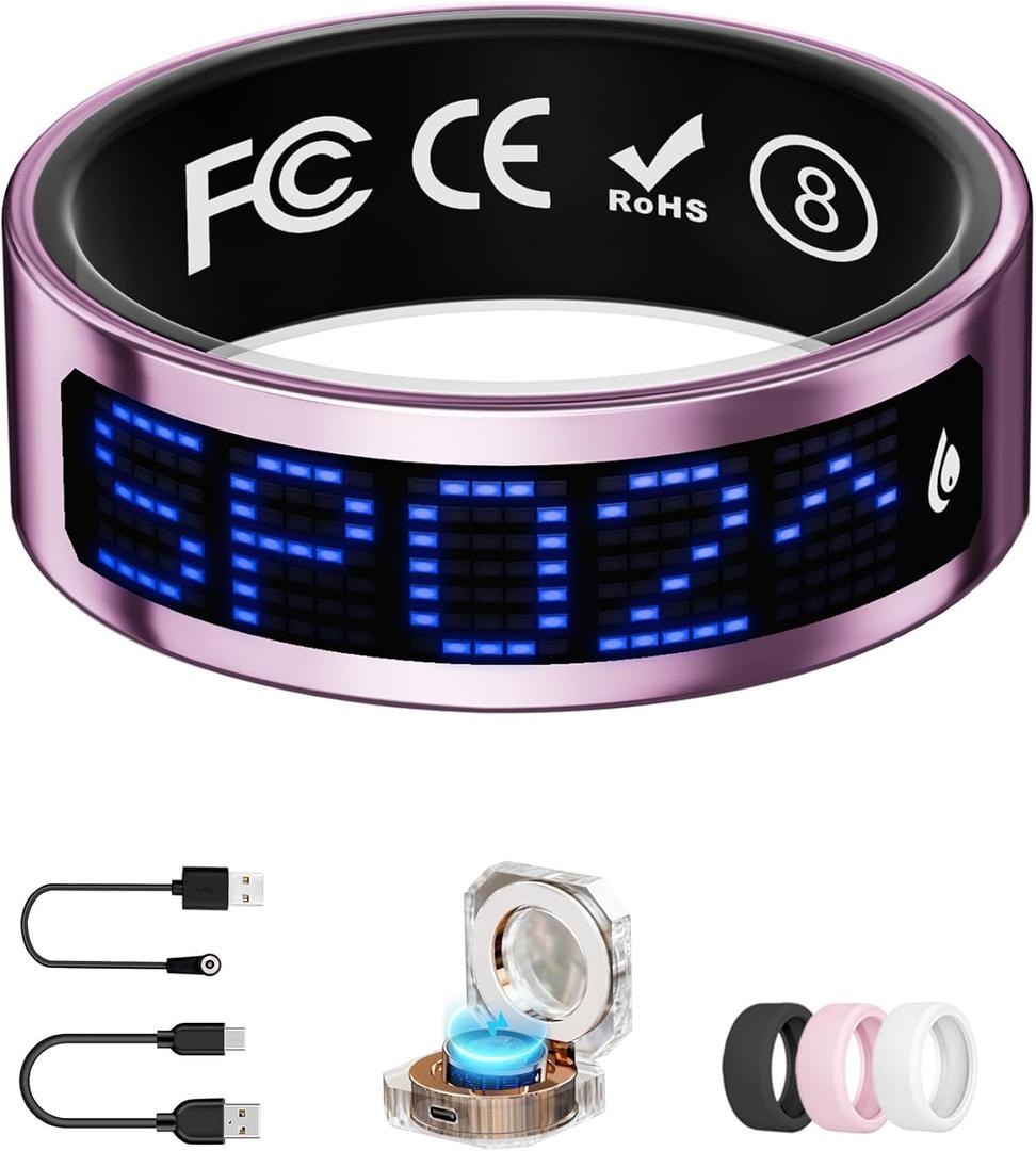 UniJethro Smart Ring for Women & Men with Display, Health Ring with Heart Rate, Sleep Monitor, IP68 Waterproof Fitness Ring, Fitness Tracker Ring, No APP Fee for iPhone and Android (Pink, 8#)