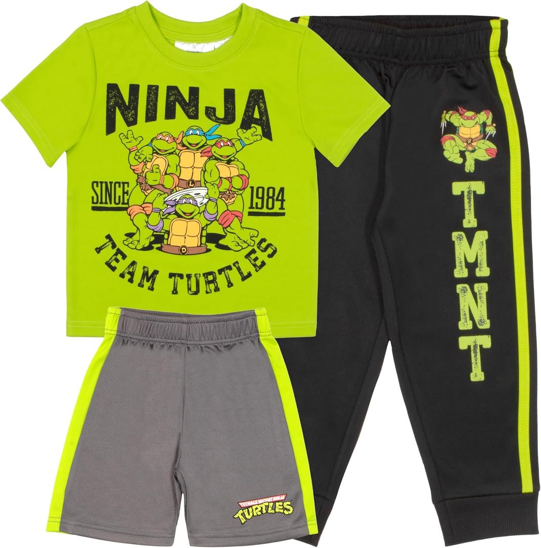 Nickelodeon Teenage Mutant Ninja Turtles Boys 3-Piece Pants Set - Short Sleeve Tee, Shorts, & Jogger TMNT 3-Pack Bundle Set (5-6, Green/Black/Grey 2)
