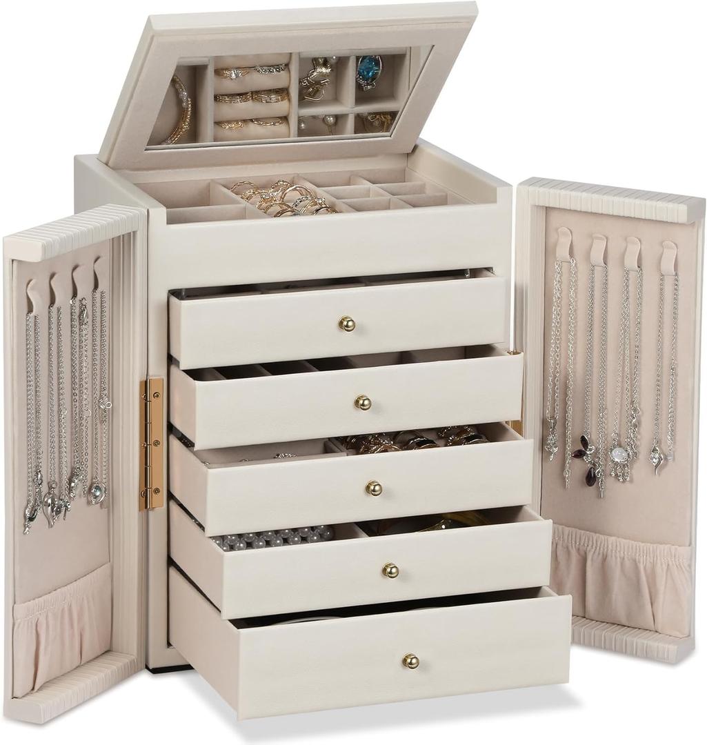 Dajasan Large Jewelry Organizer Box, Jewelry Boxes for Women Girls, 6-Tier Jewelry Storage Organizer with Mirror for Necklace Ring Bracelet Watch, Gift Idea (Beige)