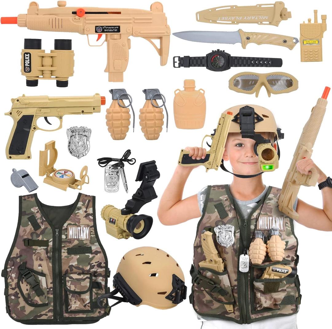 CAPTAIN CHAOWING 17 PCS Kids Army Costume, Military Soldier Dress up Role Play, Combat Marines for Halloween with Camouflage Vest, Helmet and Accessories for Kids Boys 3+