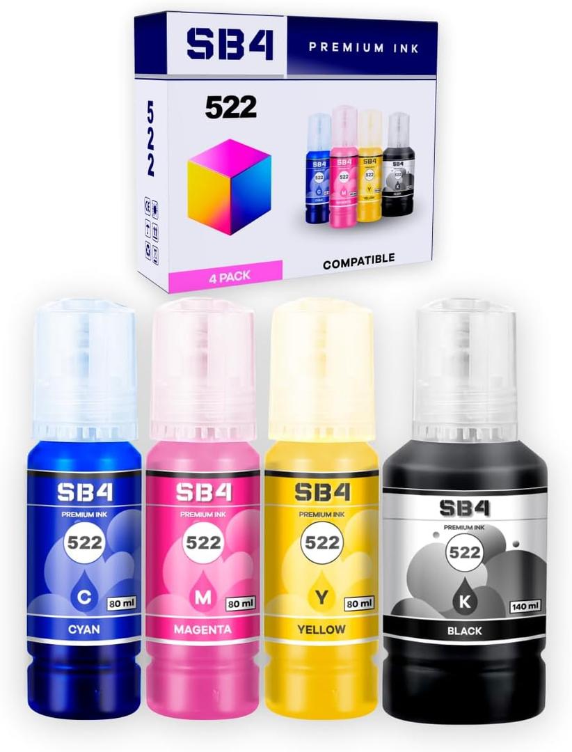 SB4 Compatible 522 Ink Refill Bottles  Replacement for 522 (Not for Sublimation)  Fits EcoTank ET-2720, ET-2760, ET-2800, ET-2850, ET-2750, ET-4700, ET-3850, ET-4800, ET-4750 Printers