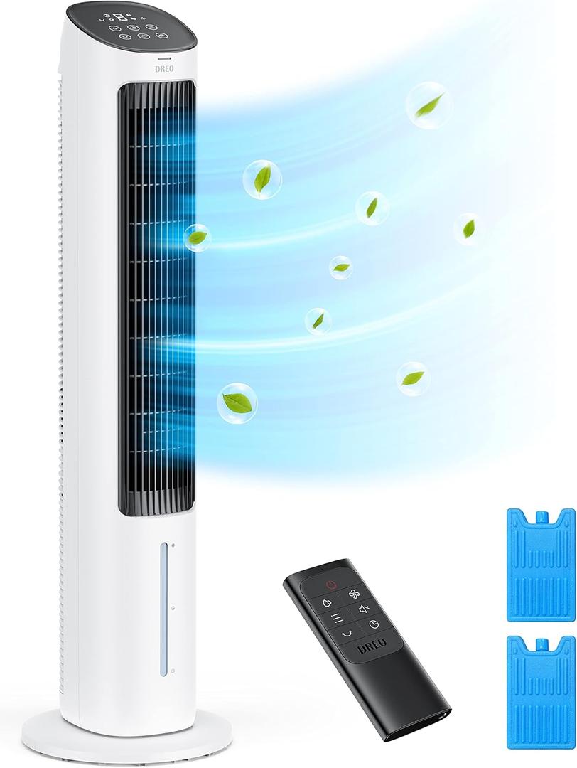 Dreo Tower Fans That Blow Cold Air, 40" Evaporative Air Cooler, Cooling Fan for Bedroom with 80 Oscillating, Ice Packs, Remote Control, 3 Modes 4-Speed Quiet Floor Fan, White (Standard)
