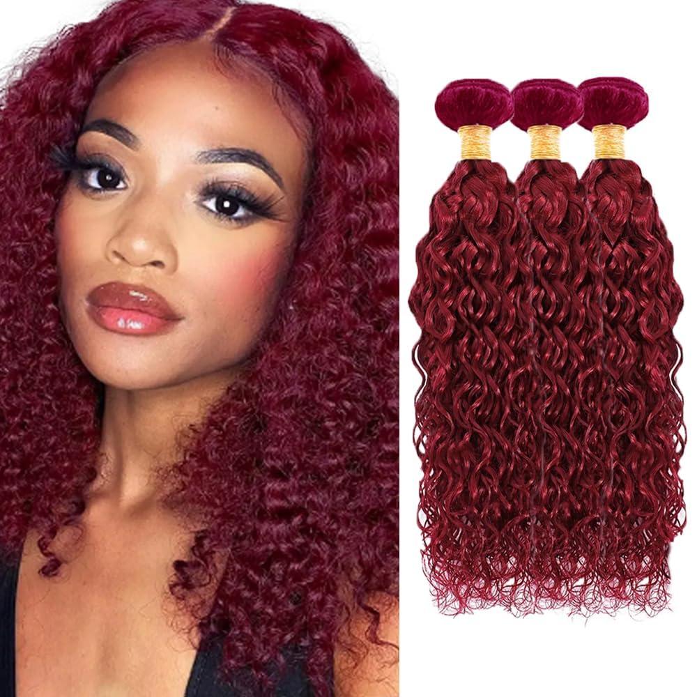 Water Wave Human Hair Bundles 14 16 18 Inch #99J Burgundy Bundles Human Hair Wine Red 12A Unprocessed Native Virgin Hair 50G Per Bundle 3 Extensions Wet and Wavy Weave for Women
