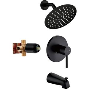 Black Tub Shower Faucet Set Complete with 6-Inch Rainfall Shower Head and Tub Spout Included Shower Valve Tub Shower Trim Kit Round Matte Black