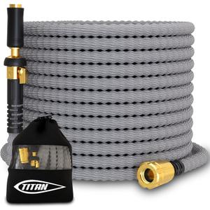 TITAN Flexible Garden Hose 65FT  Ultra Lightweight, Heavy Duty Water Hose with Brass Fittings & Jet Nozzle  Kink-Free, Non-Expanding, Durable Fabric Hose for Yard, Lawn, Car Wash, Outdoor Use (Gray)