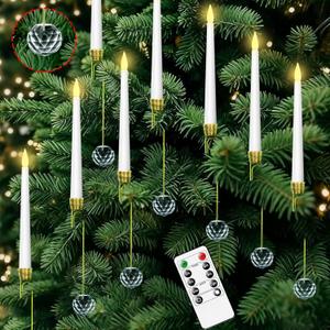 Flameless Christmas Tree Hanging Candles with Remote,12 Pcs LED Taper Candles,Flickering Battery Operated Taper Candle with 12 Crystal Ball Hooks for Christmas Decorations Best Gift(White)