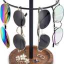 Sunglasses Organizer Glasses Holder Stand Metal Rack with Wood Tray for Eyeglasses Earrings Ring Jewelry Storage Display, Up to 12 Pairs of Eyewear for Dresser Table Desk Countertop Bedroom (Black)