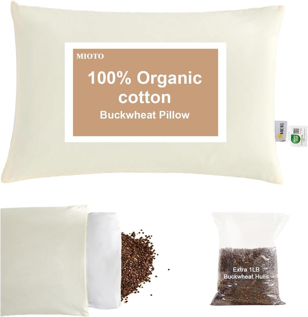 Organic Buckwheat Pillow for Sleeping with Dual-Layer Pillowcase and Extra Tartary Buckwheat Hulls, Adjust Height and Firmness, Neck Support Pillow for Back and Side Sleepers 14"x20" (Off-white)