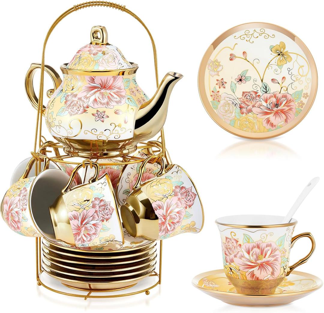 Zhehao Porcelain Tea Set with Metal Holder and Spoon Adult Ceramic Tea Set European Flower Painting Teapot Cup Saucer Spoon for Women Mom Gift, Large Version(Gorgeous Style,20 Pcs)