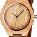 Mens Wooden Watches Brown Cowhide Leather Strap Casual Watch for Groomsmen Gift with Box