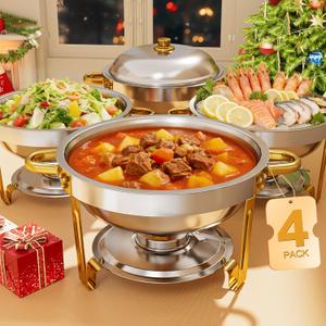 6QT Stainless Steel Chafing Dishes for Buffet, Round Chafing Dish Buffet Set 4 Pack with Smooth Edge Lid, Food Warmers for Parties Buffet Golden & Silver