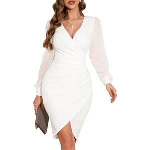 ihot Women's 2026 Sexy V Neck Mesh Long Sleeve Faux Wrap Ruched Sheath Bodycon Party Cocktail Work Dress, S