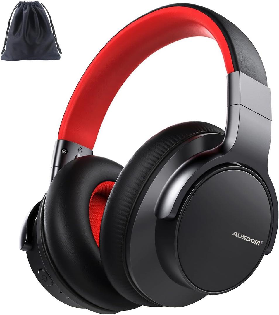 AUSDOM Active Noise Cancelling Headphones: Bluetooth Over Ear Wireless ANC Headphones with Microphone, 50H Playtime, Deep Bass, Hi-Fi Sound, Comfortable Ear Cushions for Travel Work Cellphones (Red & Black)