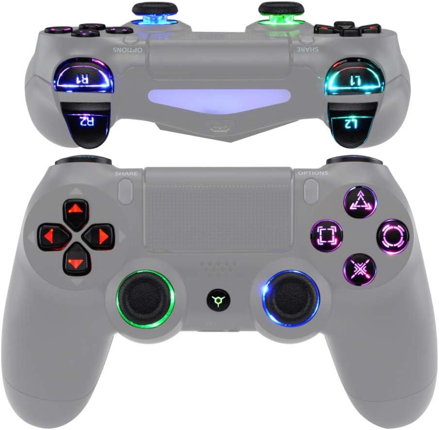 eXtremeRate Multi-Colors Luminated D-pad Thumbstick Trigger Home Face Buttons, Black Classical Symbols Buttons DTFS (DTF 2.0) LED Kit for PS4 Slim Pro Controller - Controller NOT Included