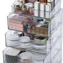 5-Tiers Makeup Organizer with Drawer for Vanity, Stackable Bathroom Storage Box for Beauty Essentials, Skincare Products, Cosmetic Brushes, Perfume Stand, Clear Lipsticks Holder
