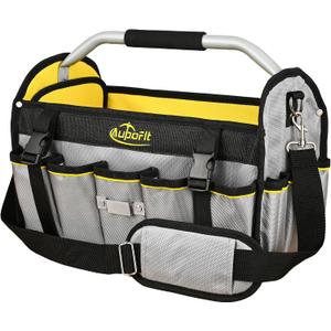 Electrician Tool Bag16 In, 1680D Polyester Fabric 29 Pockets Open Top Tool Bags with Stainless Steel Handle & Padded Shoulder Strap, Heavy Duty Tool Tote Bag (Yellow-Gray)