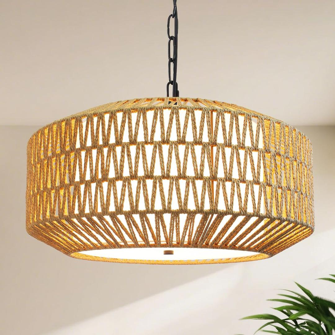 Farmhouse Chandelier Light Fixture, 5-Light Boho Rattan Chandelier with Fabirc Shade, Handwoven Farmhouse Hanging Light Fixture for Dining Room, Natural Original Color, 16''