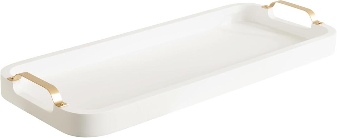 Kate and Laurel Farson Modern Decorative Wood Rectangle Tray with Handles; 10 x 24; White and Gold; Transitional Rectangular Tray for Use as Entryway Tray Decor or Ottoman Serving Tray