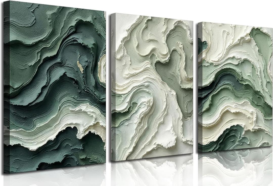 3pcs Abstract Texture Canvas Wall Art Neutral Green And Beige Wall Decor Pictures Modern Minimalist Green Wave Posters Prints Paintings for Living Room Bedroom Office Furniture Decoration