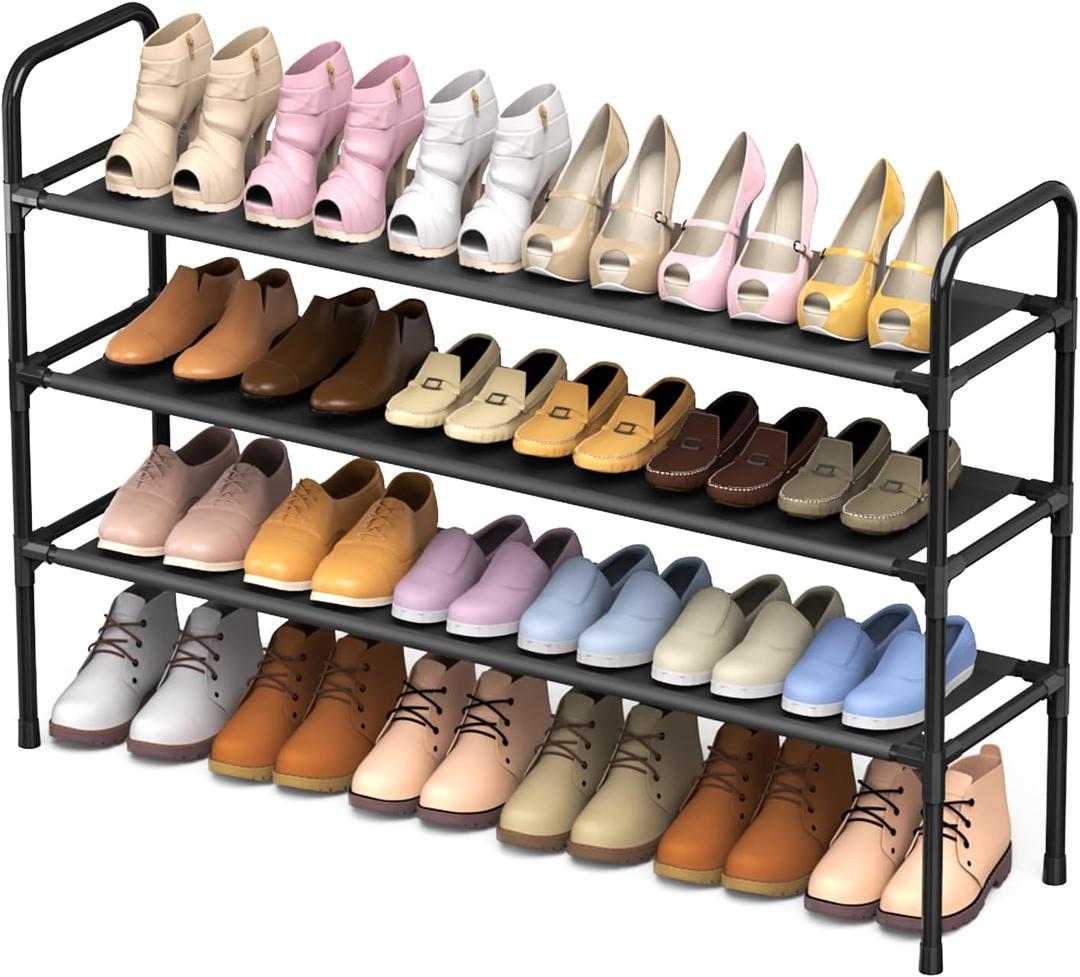 3 Tier Shoe Rack, Shoe Organizer for 18 Pairs of Shoes, Black Non-Woven Fabric Shoe Storage Shelf for Closet, Entryway, Garage, Corridor, Long Shoe Shelves (3 Tie Black Non-adjustable)