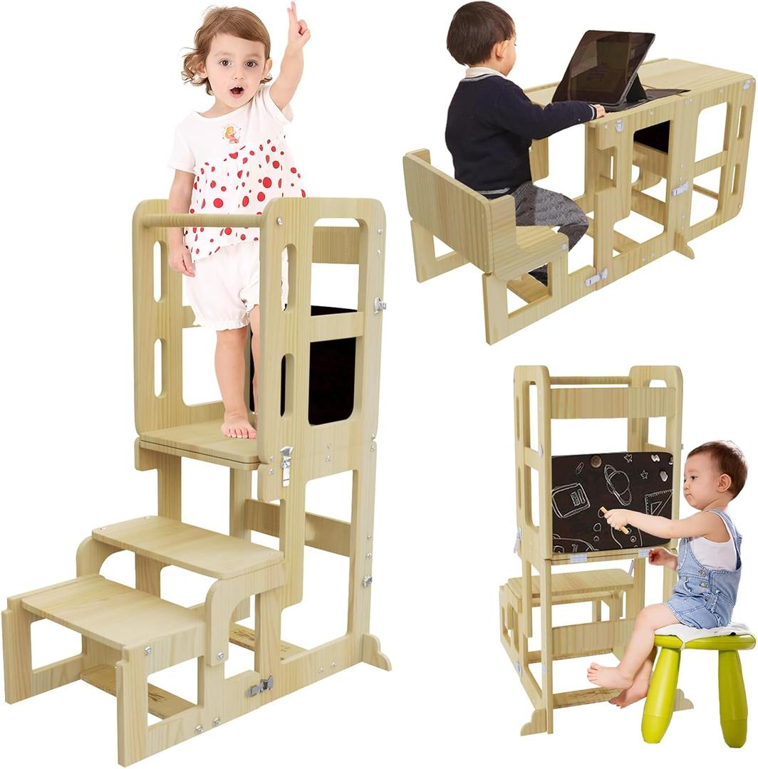 3 in 1 Toddler Kitchen Step Stool, Kids Tower with Chalkboard & Safety Rail, Foldable Weaning Table with Kids Step Stool, Standing Stool for Kitchen and Bathroom