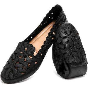 HEAWISH Women's Floral Ballet Flats for Women Black Beige Slip On Flowers PU Leather Round Toe Dress Shoes