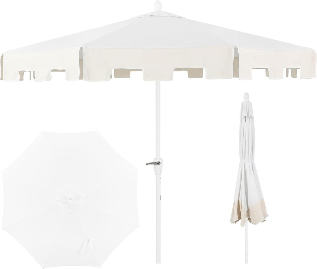 JONATHAN Y UMB1000B Baiona 9 ft. Classic MidCentury Market Patio Umbrella with UV Protection, Auto-Tilt, Crank and Wind Vent in White/Cream