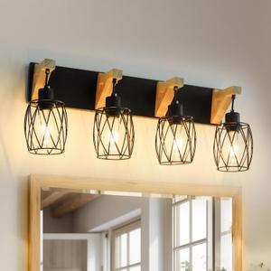 Farmhouse Vanity Light Fixture, 4-Light Wood Bathroom Lighting With Cage Metal Lampshade for Mirror