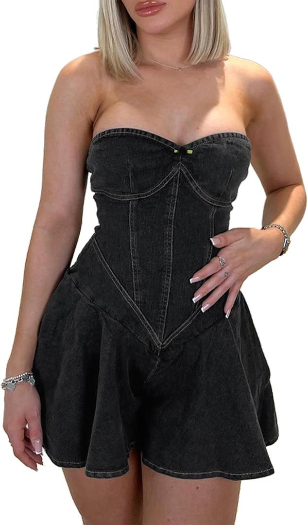 Molisry Women's Summer Tube Top Denim Dress Off Shoulder Sleeveless Sexy Cute Ruffle Pleated Jean Mini Dress Clubwear (XX-Large, Black)