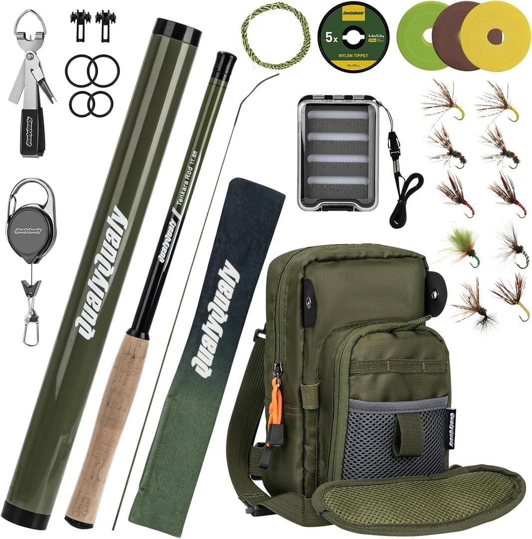 QualyQualy Tenkara Fly Rod Combo Beginner Kit, Tenkara Fishing Rod in 8.7ft/10.6ft/11.6ft 24T Fly Fishing Kit with Telescopic Fly Rod Flies Tippet and Fishing Chest Bag