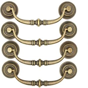 4 PCs Vintage Retro Antique Brass Bail Pull Handle for Wooden Drawer Dresser Cabinet Cupboard, Large Size, Length 4.2-in (10.6 cm) and Height 2-in (5 cm)