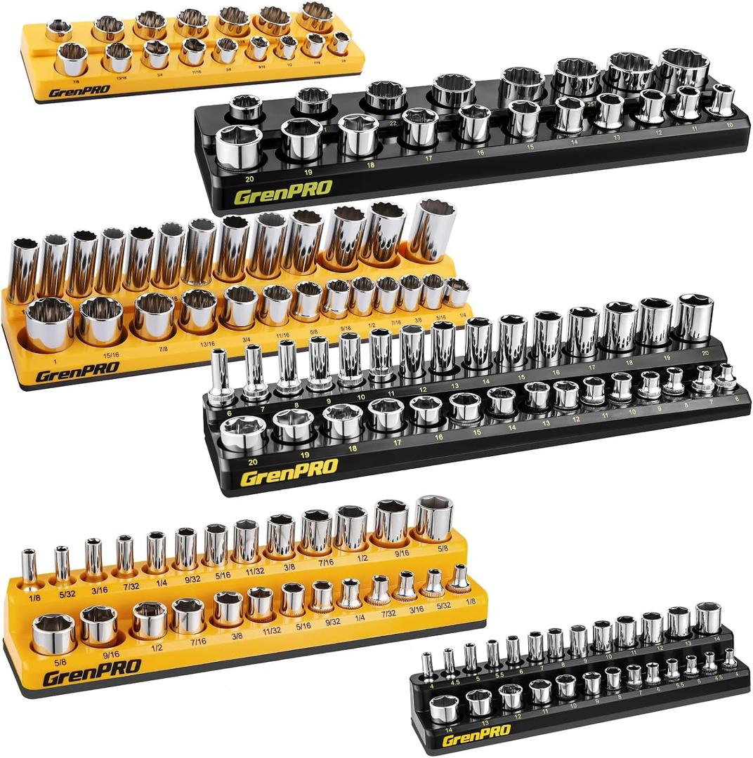 GRENPRO Socket Organizer for Tool Box Drawer, 6pc 143 Metric & SAE Magnetic Socket Holder, 1/4", 3/8", 1/2" Drive Socket Tray Set, Magnetic Socket Organizer