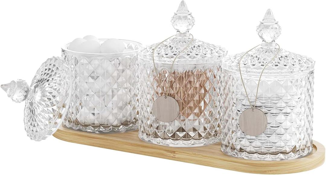 3 Pack Glass Qtip Holder Dispenser with Tray and Tag, Apothecary Jars with Lid, Bathroom Canisters for Storage Organizer for Cotton Swabs, Balls, Pads, Floss Picks, Candy, Jewelry (Clear, 10oz  3)