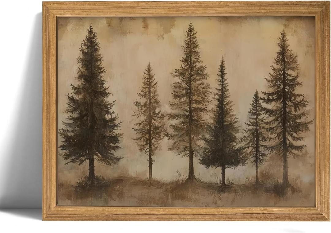 Vintage Pine Trees wall art,Retro Farmhouse Wall Decor Art Pictures,Country Nature-InspiredLandscape Canvas Posters Prints for Living Room, Bedroom,Cabin,Wood Frame 16x24in