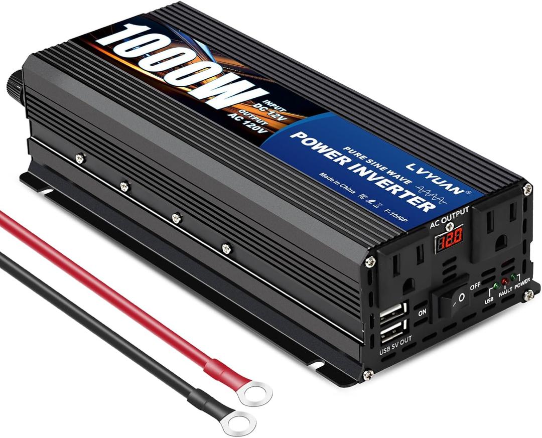 LVYUAN 1000 Watt Pure Sine Wave Inverter 12V to 110V 120V DC to AC with U.S. Outlet, USB Charger Ports, Car Power Inverter for Vehicles, RV, Outdoor, Home